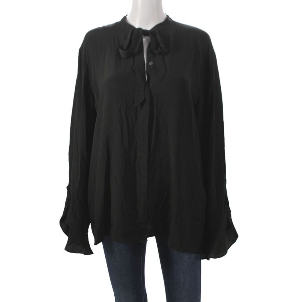 0039 Italy Women Basic Collared Silk Blend Black Long Sleeve Blouse Size L